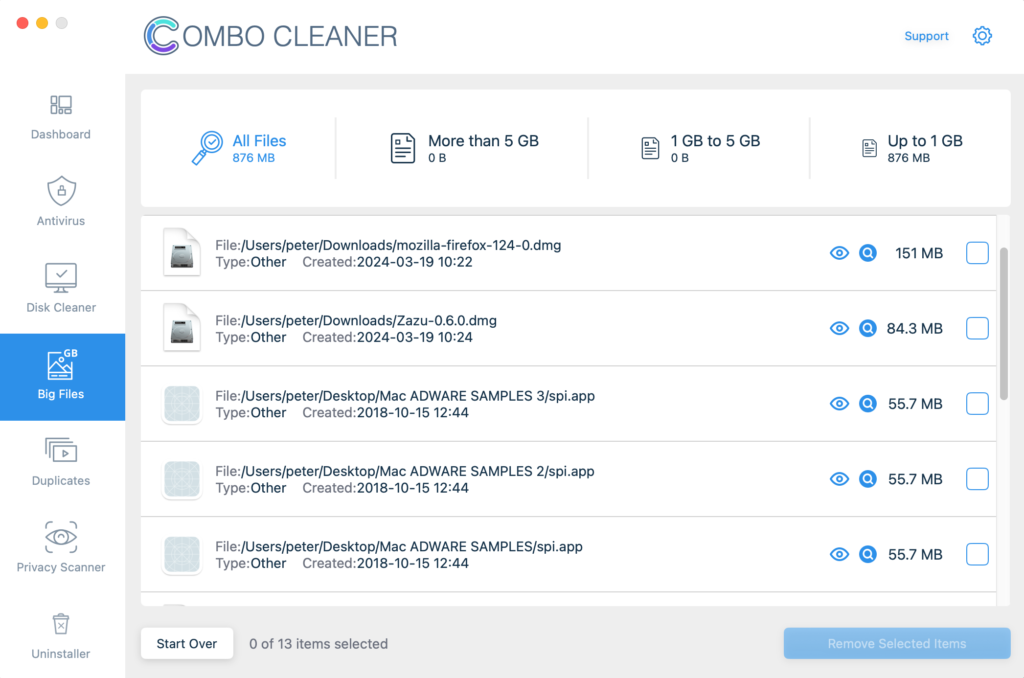 combo cleaner big files finder feature