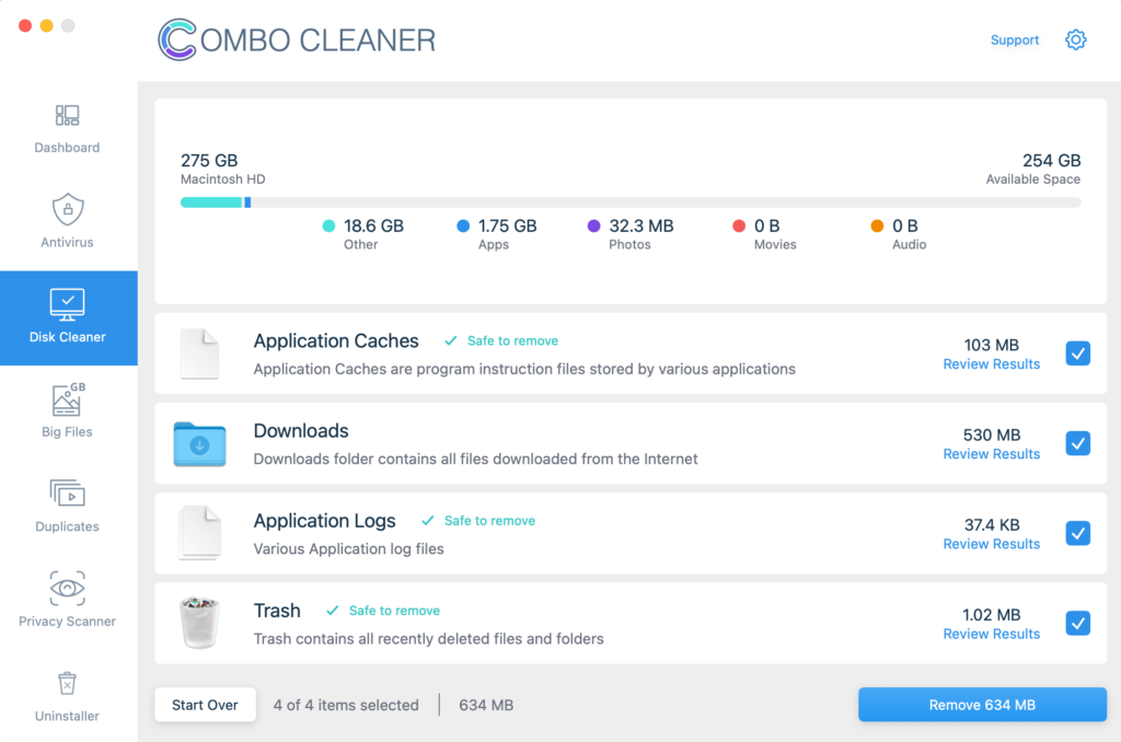 combo cleaner disk cleaner feature