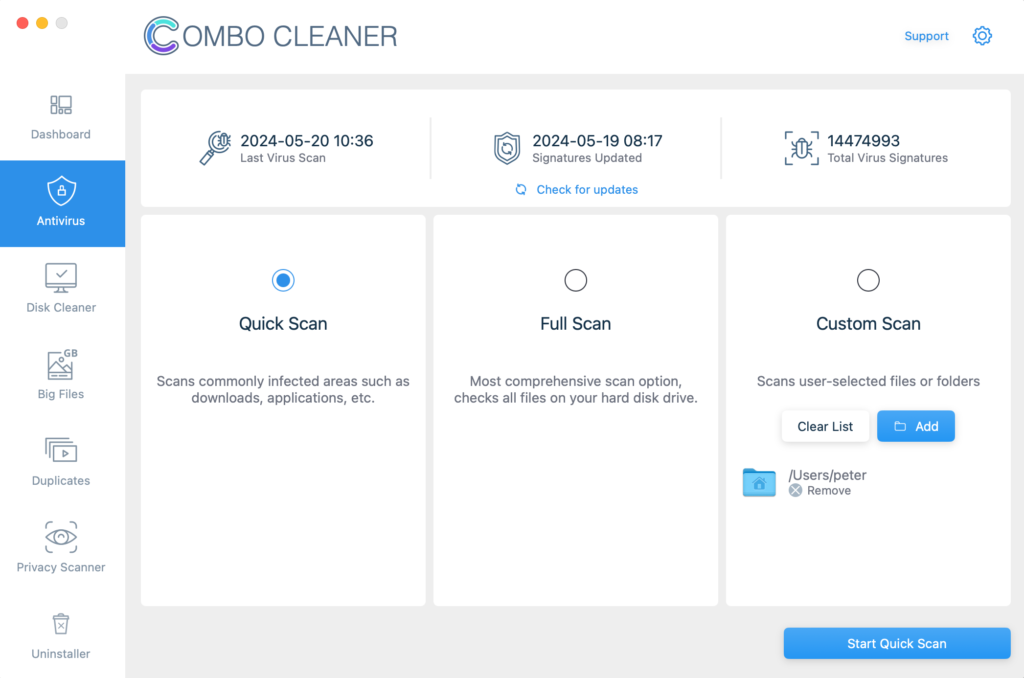 combo cleaner interface