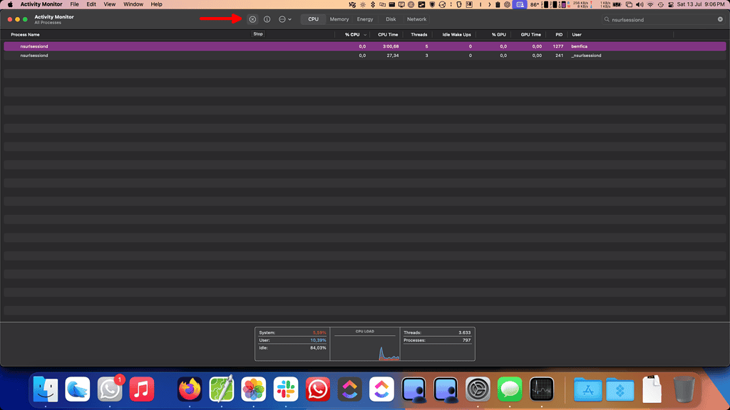 macOS Activity Monitor app showing the nsurlsessiond process CPU usage highlighted