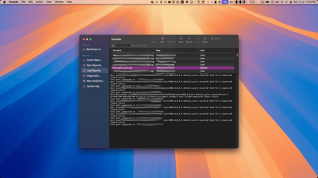 macOS Console app showing a log file