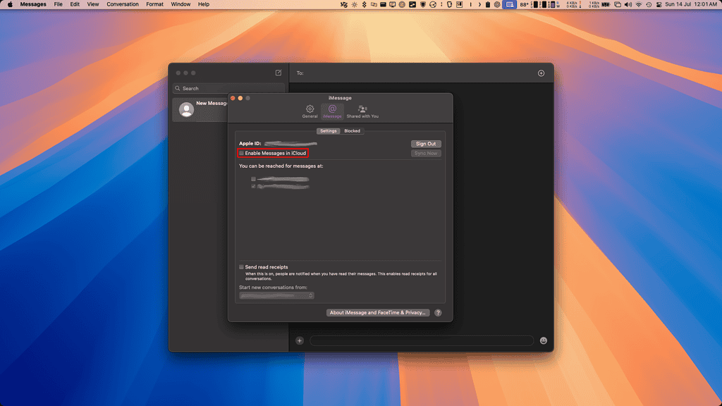 macOS Messages app with iMessage settings displayed