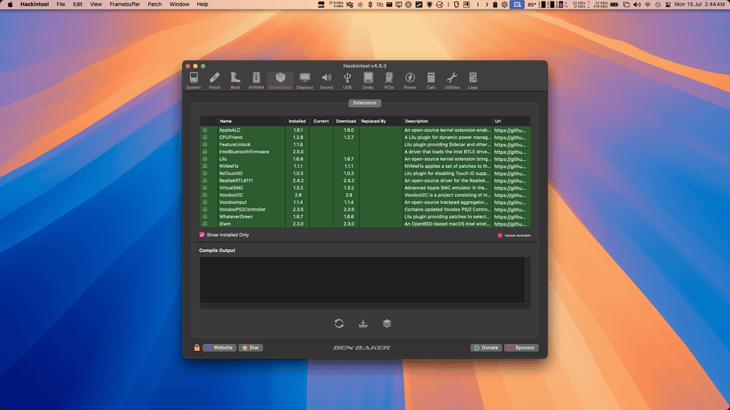 macOS Sequoia screenshot showing the Hackintool app Extensions tab