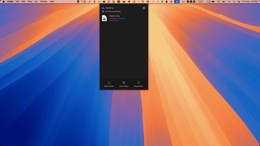 macOS Sequoia screenshot showing the OneDrive app menu bar widget