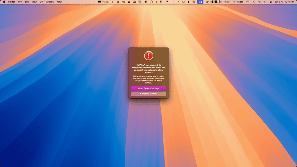 macOS Sequoia screenshot showing the screen recording permission dialog bug