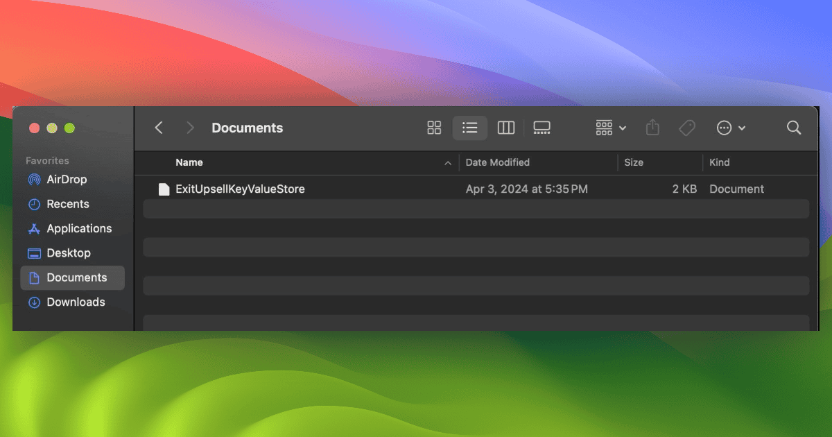 macOS Sonoma default wallpaper with a Finder window showing the ExitUpsellKeyValueStore file on the Documents folder