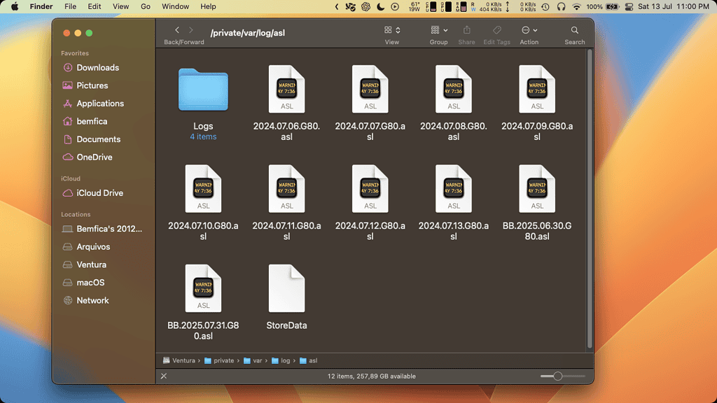 macOS log folder showing log files