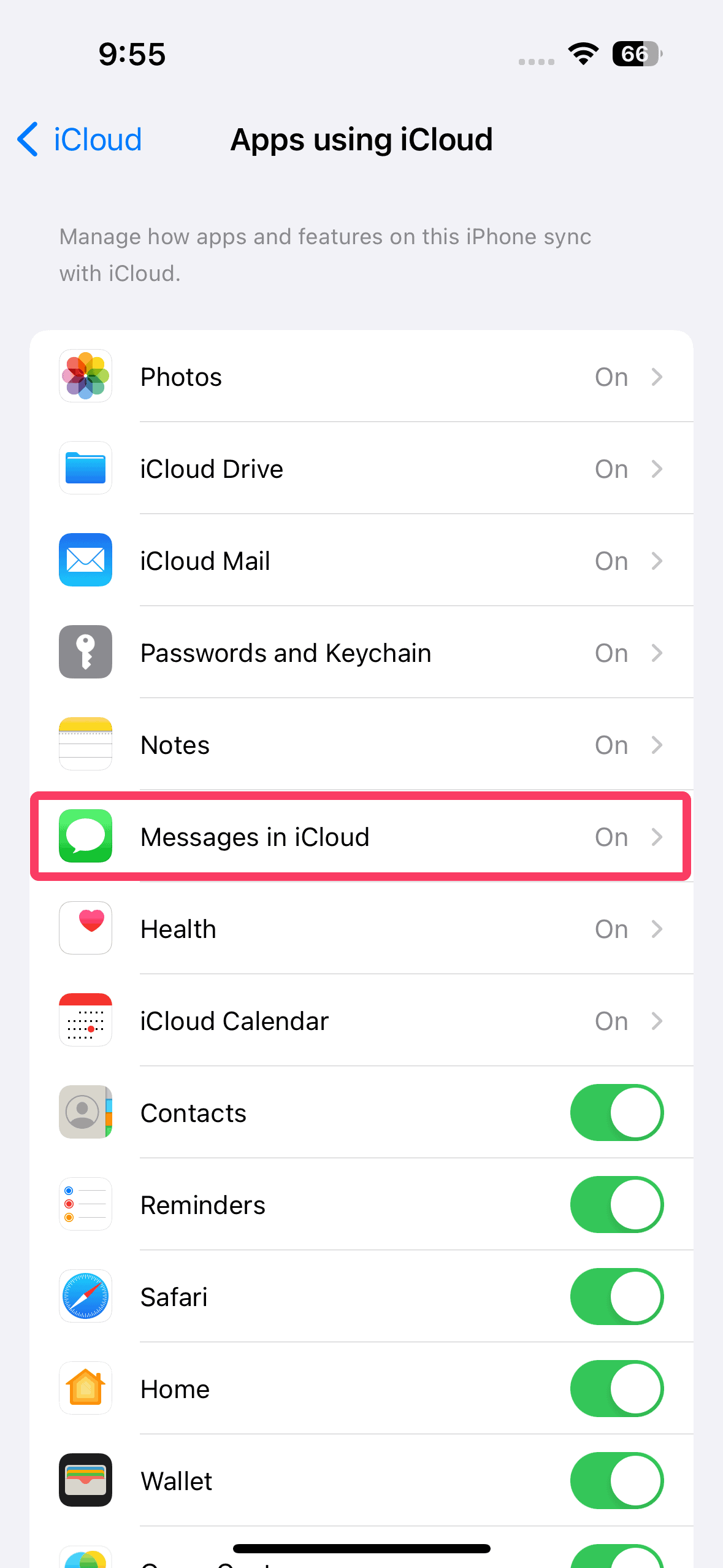 messages in icloud settings