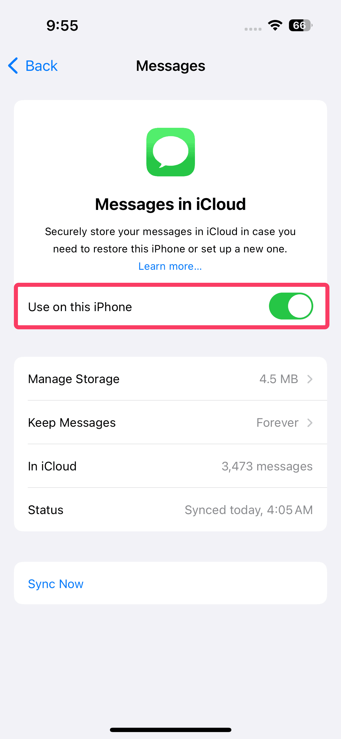 messages in icloud toggle