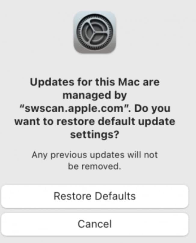 The message saying swscan.apple.com manages your updates on a Mac