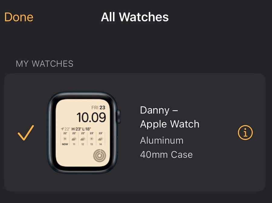 All Watches Settings in the Watch App on an iPhone