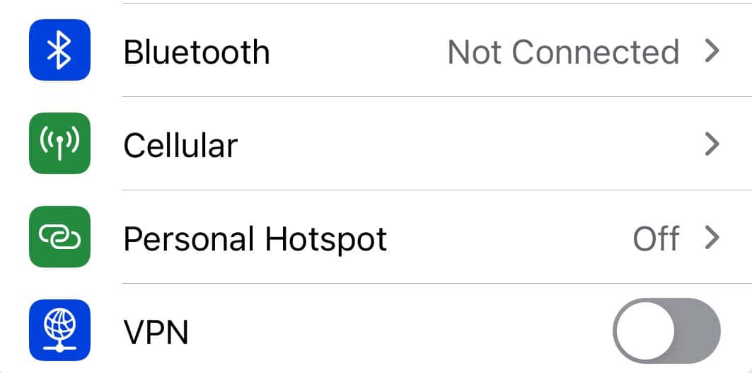 The Bluetooth tab in iPhone Settings