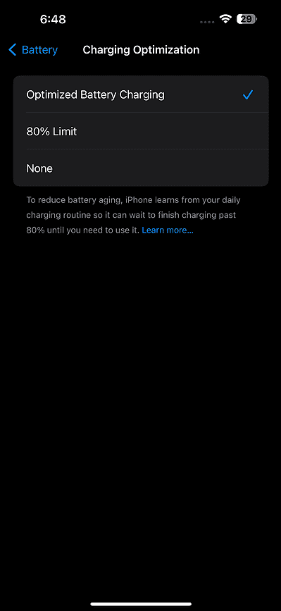 Charging Optimization settings on an iPhone