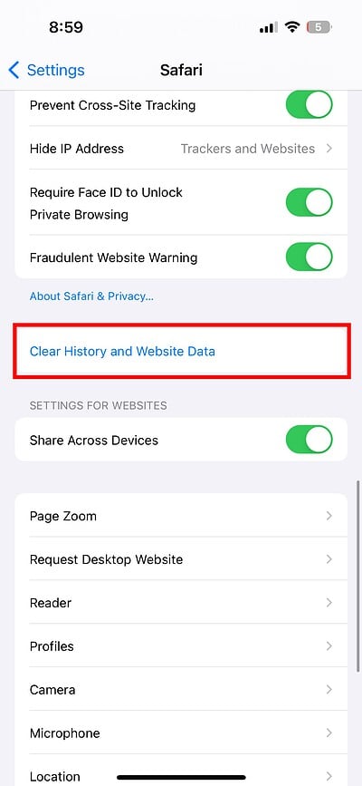 Clear History and Website Data safari