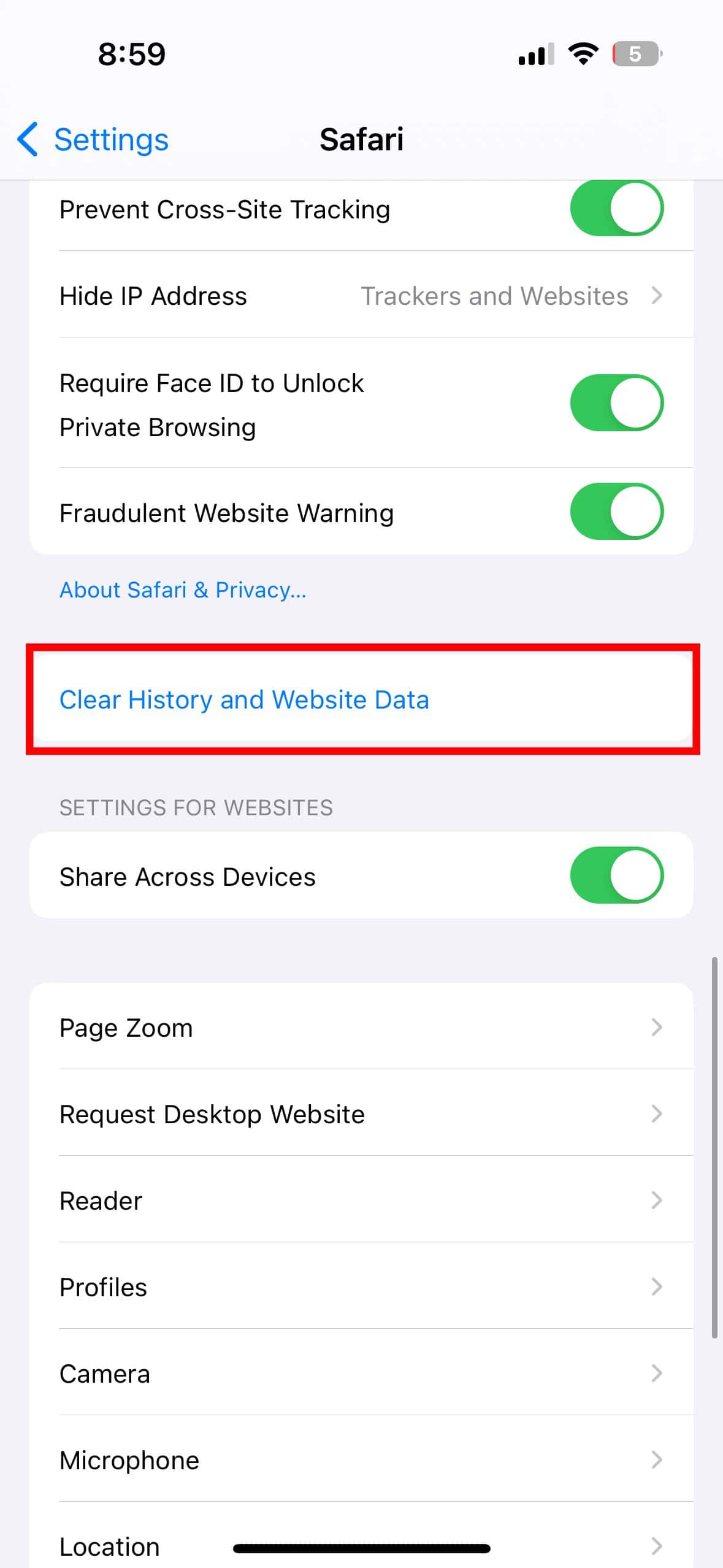 Clear History and Website Data safari