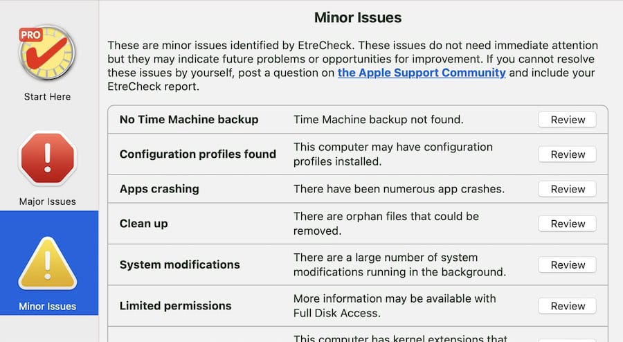 A list of issues in Etrecheck