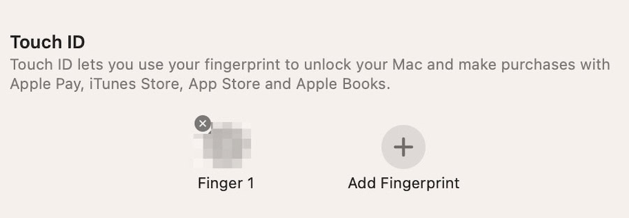 The Touch ID Fingerprint Settings on a MacBook