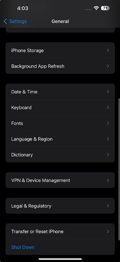 General settings on an iPhone