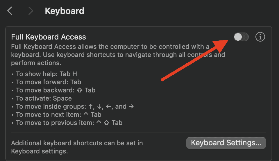 how to turn off full keyboard access on mac