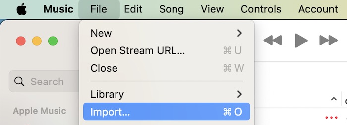Manually import your files into Apple Music by going to File srcset=