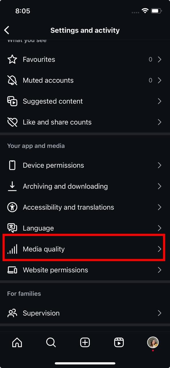 Media quality setting in Instagram