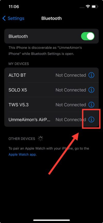 More Info button next to Bluetooth device on iPhone