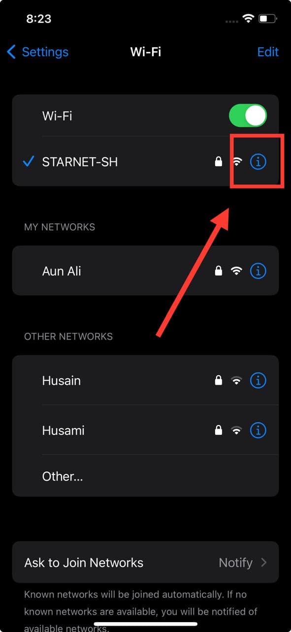 More info button next to Wi-Fi network iPhone