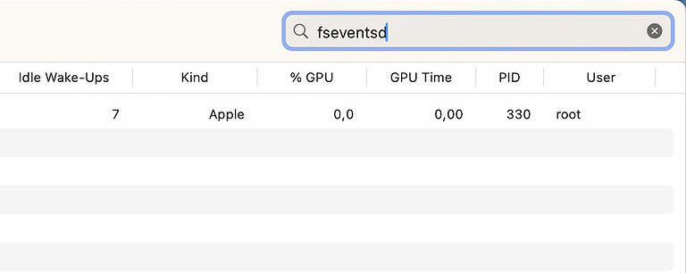 Search for fseventsd in Activity Monitor via the Search Bar