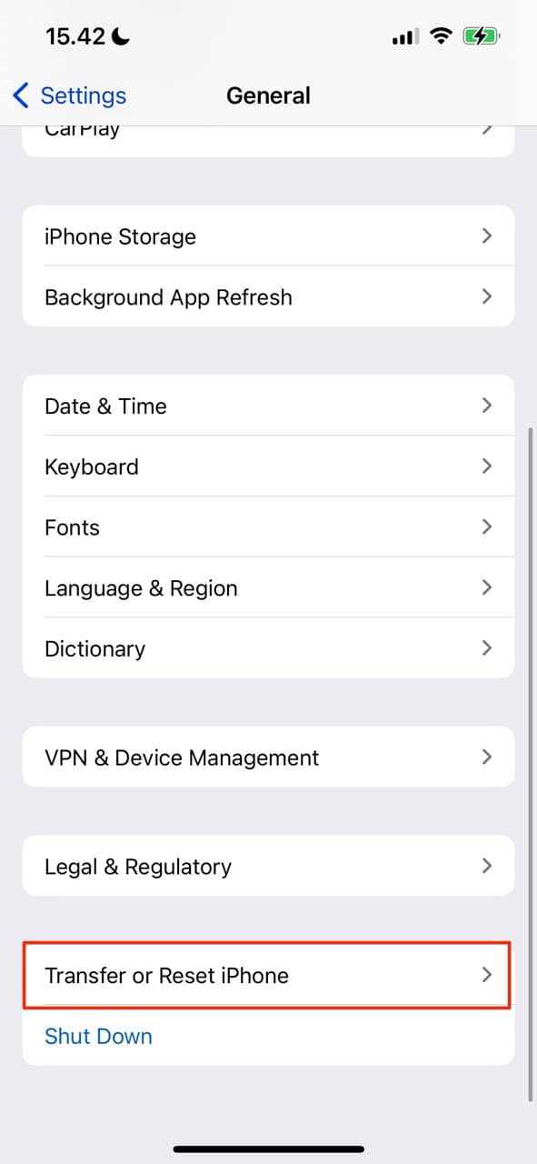 Select Transfer or Reset iPhone in Your Settings App