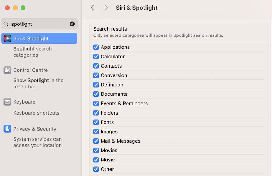 The different Spotlight settings in a Mac's System Settings