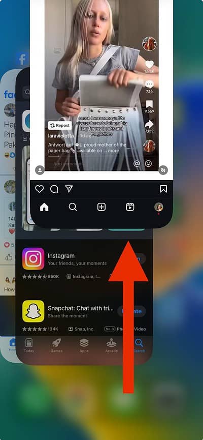 Swiping Instagram up in the App Switcher