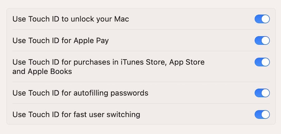 the various toggles for touch id in your apple system settings