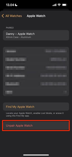 Unpair your Apple Watch in the iOS Watch app