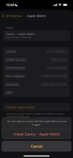 Confirm that you want to unpair your Apple Watch