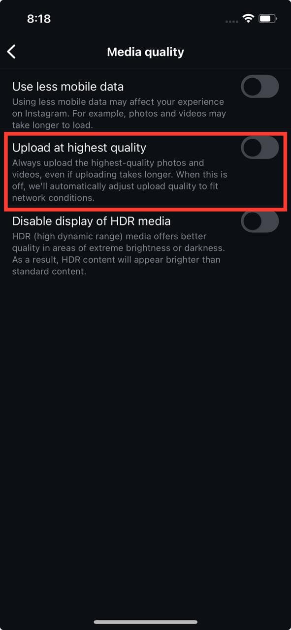 Upload at highest quality toggle on Instagram