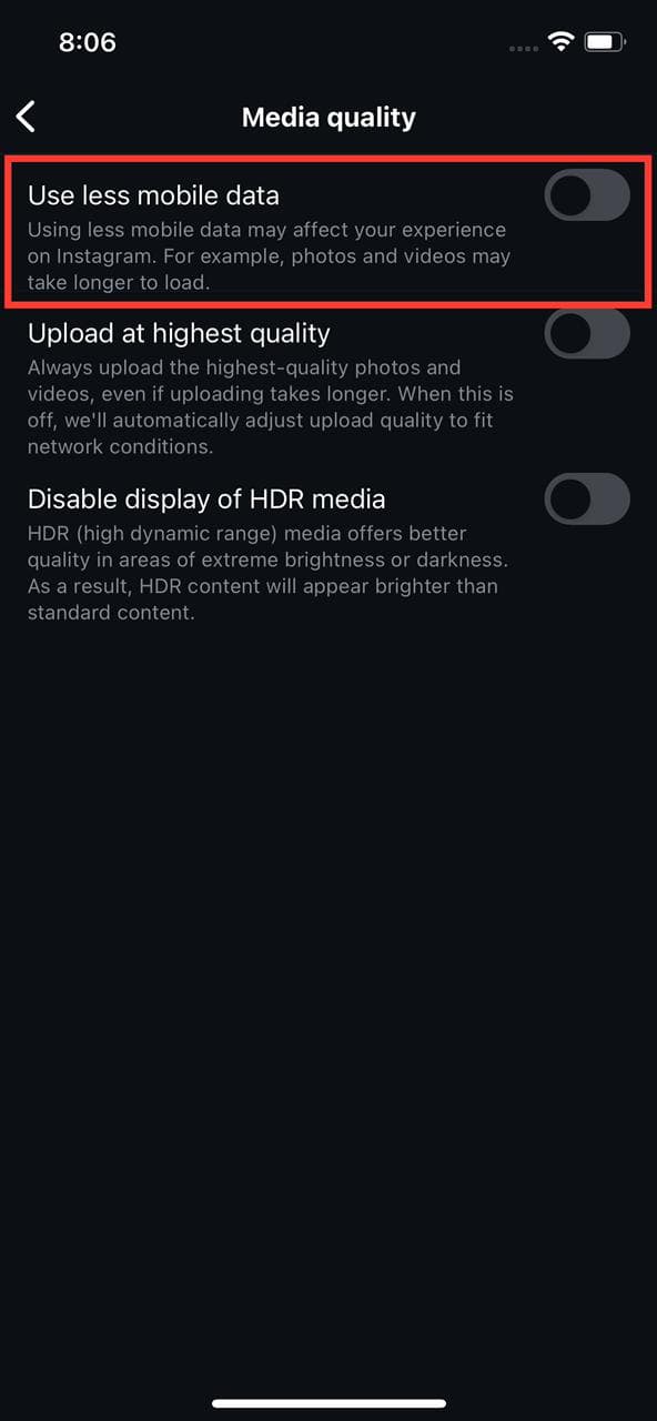 Use data less toggle in Instagram
