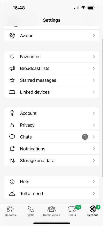 Settings for WhatsApp, including privacy and account