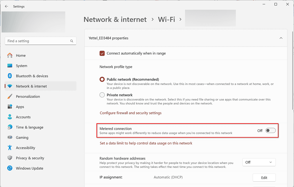 Windows network settings showing the Metered Connection toggle