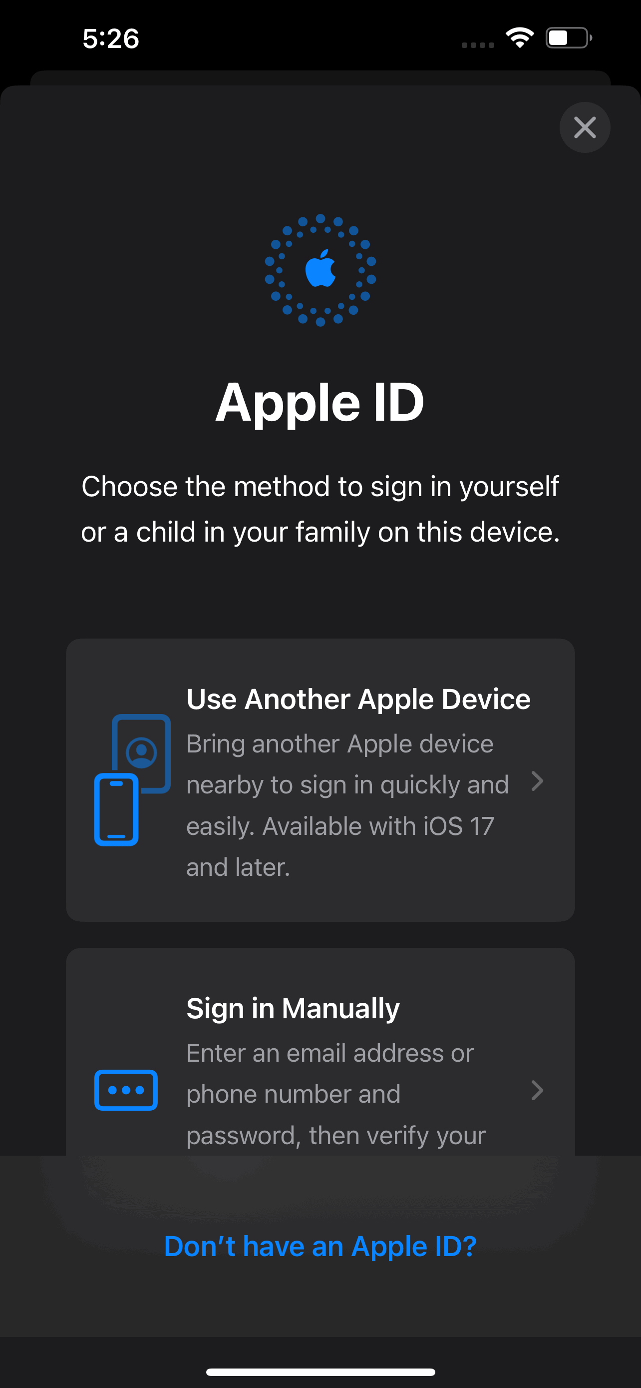 creating an Apple Id via settings app