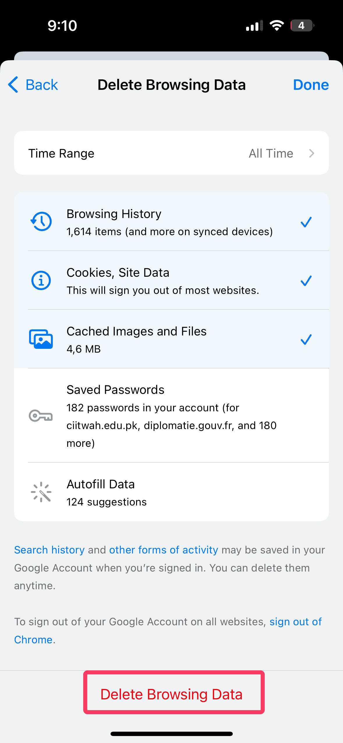 confirm delete browsing data chrome