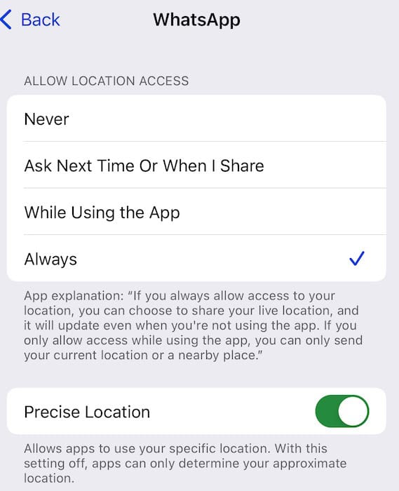 customize your iphone's location settings for individual apps, including whatsapp