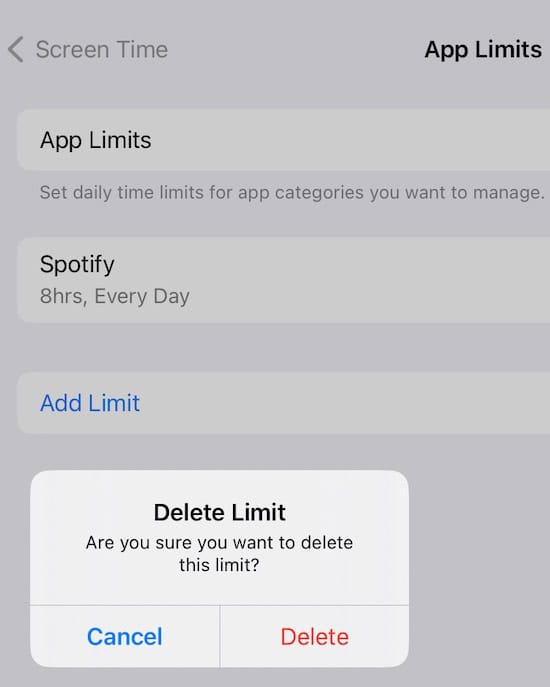 delete your app limits in screen time