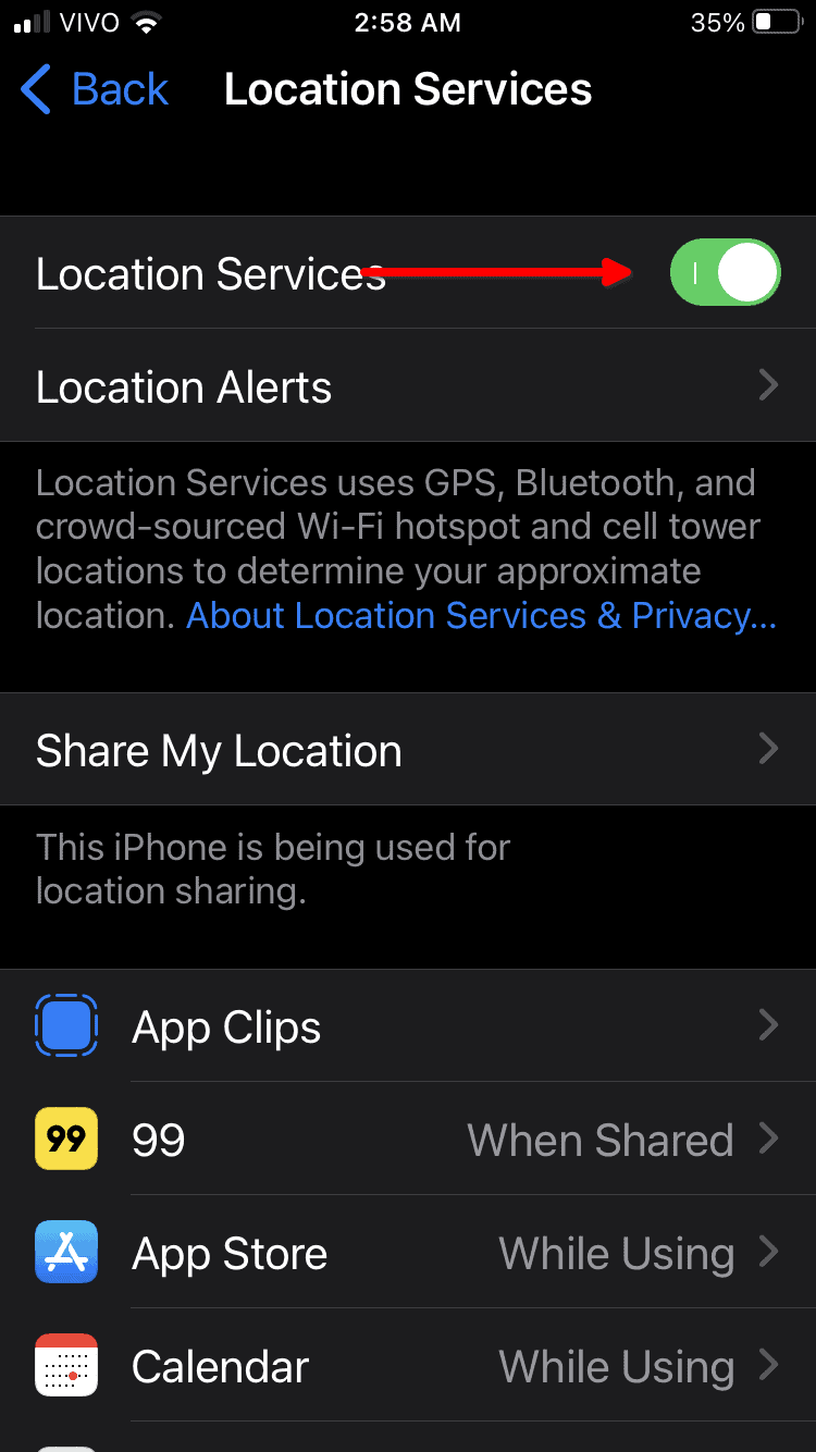 iOS 15 Location Services settings