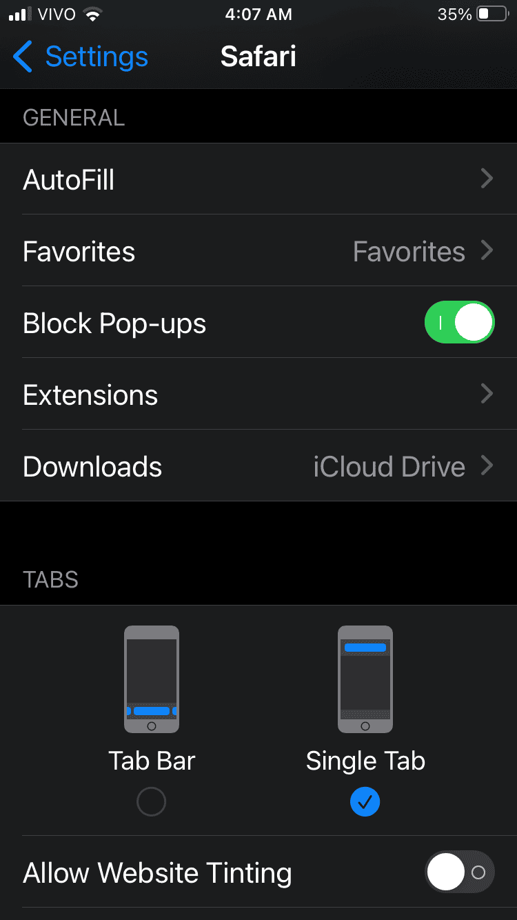 iOS Safari settings block pop-ups