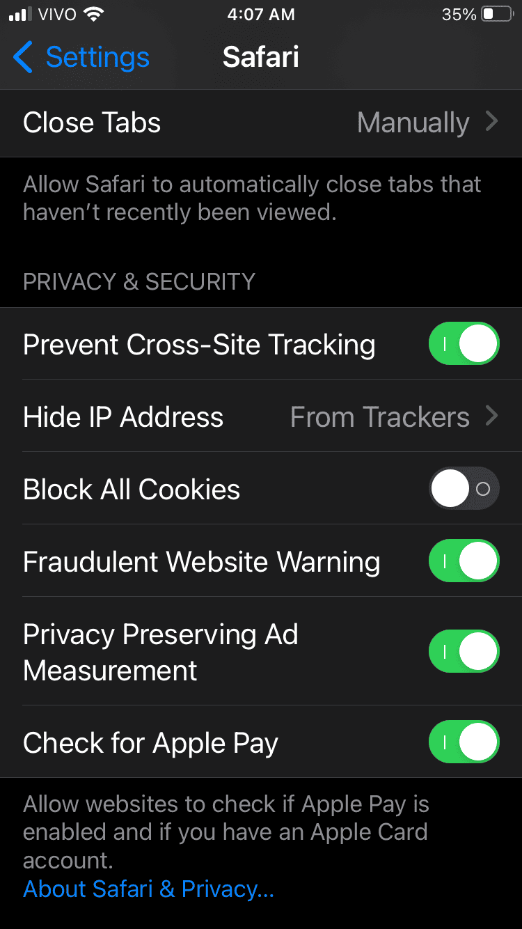 iOS Safari settings fraudulent website warning