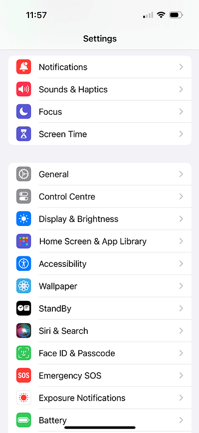 iOS settings including general and control centre