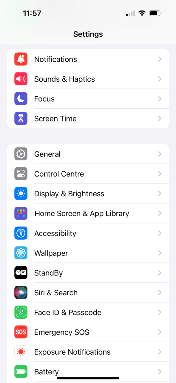 iOS settings including general and control centre