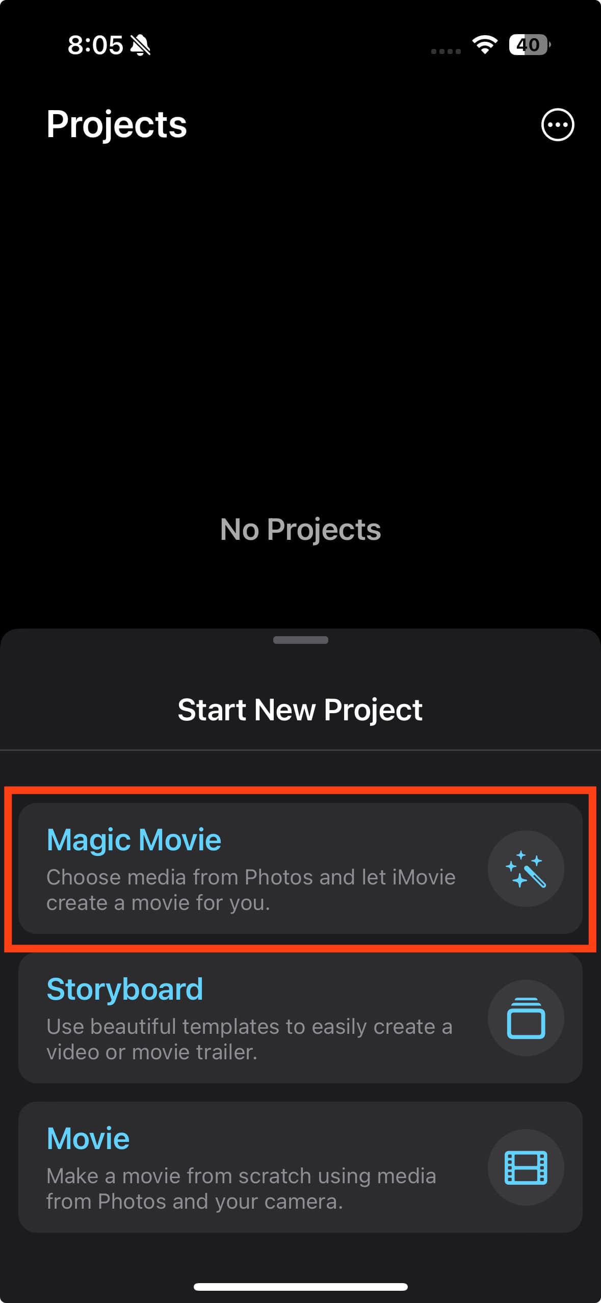 imovie start a new project