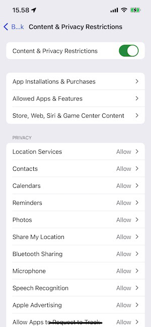 select location services in your content and privacy restrictions