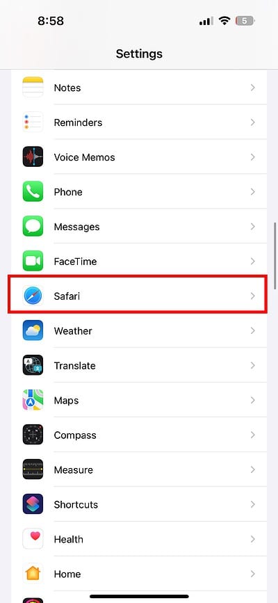 safari in iphone settings